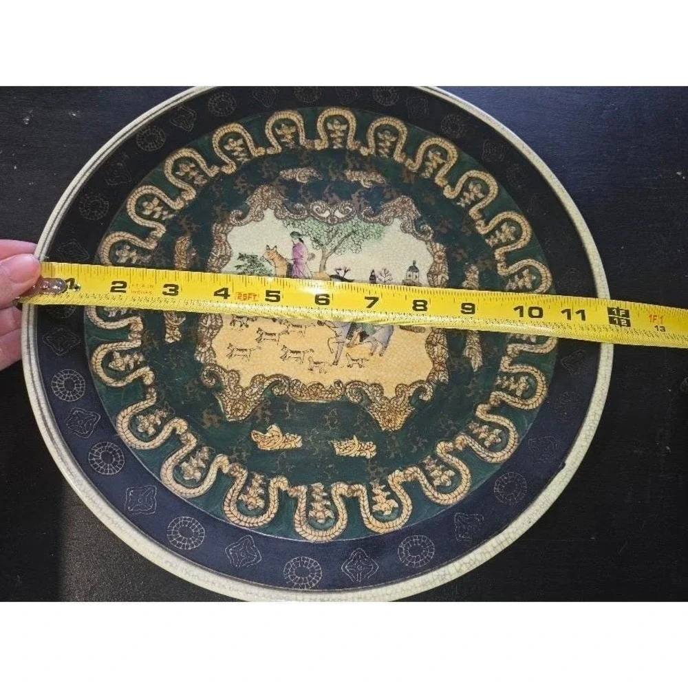 Vintage Chinese Crackle Glaze Decorative Plate Fox Hunt and Matching Bowl w/ Lid